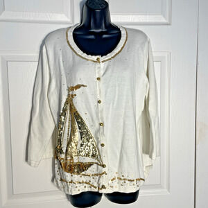 Vintage Y2K Jack B Quick Cardigan Women Extra Large White Gold Sequins‎ Sailboat